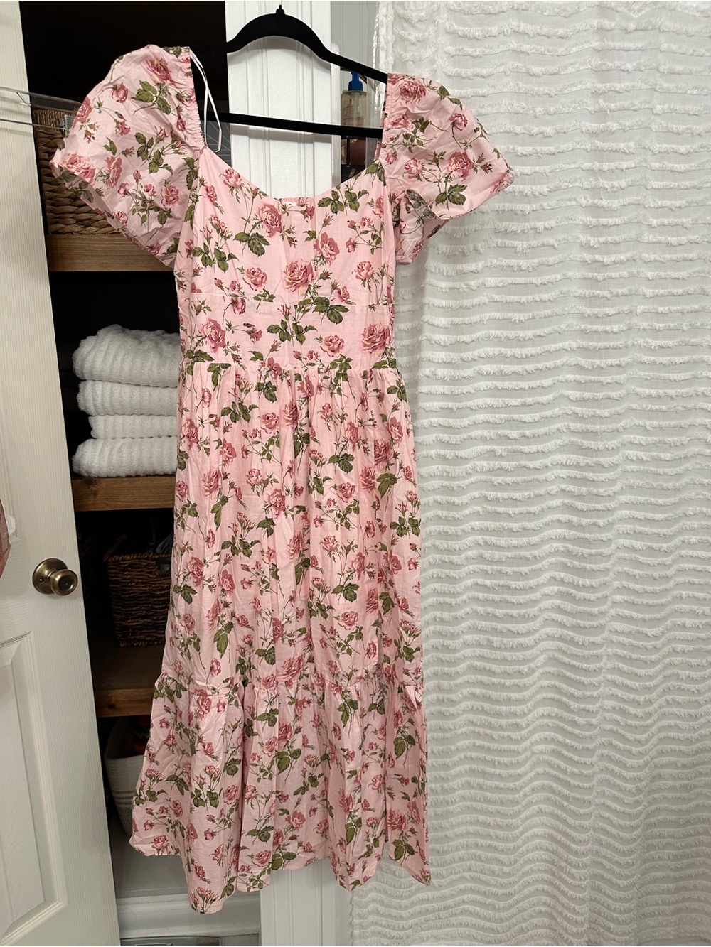 Rose-Print Puff Sleeve Midi Dress - Pink